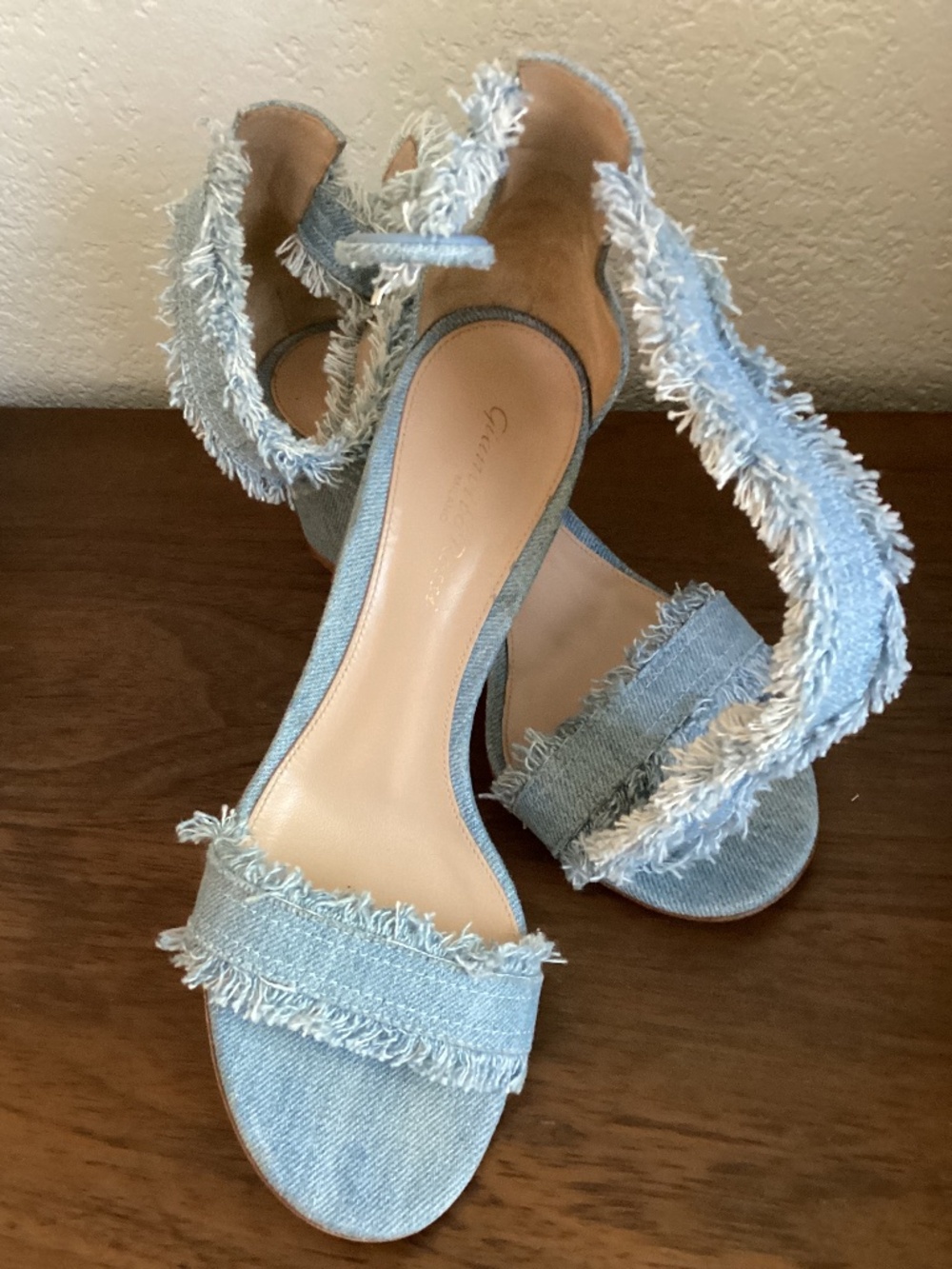 GIANVITO ROSSI Lola Sandals in Blue Frayed Denim